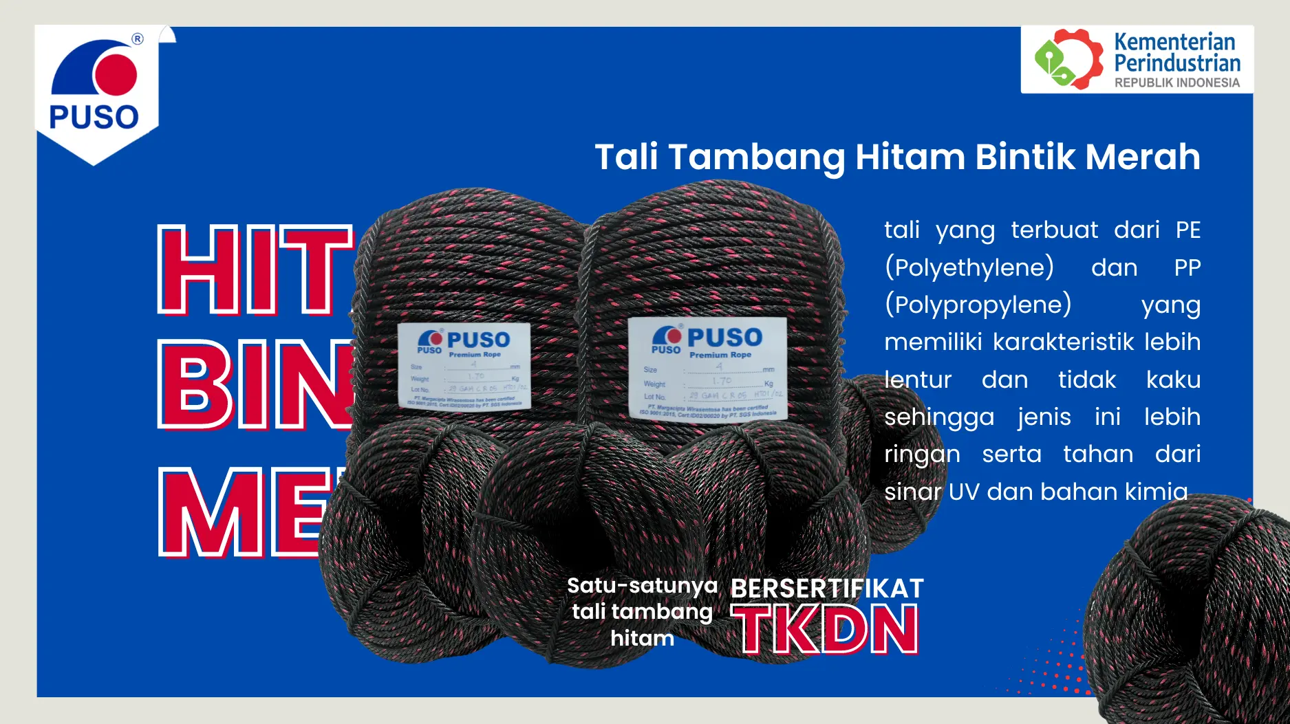 Satu-satunya Tali Tambang Hitam Bintik Merah yang bersertifikat TKDN<